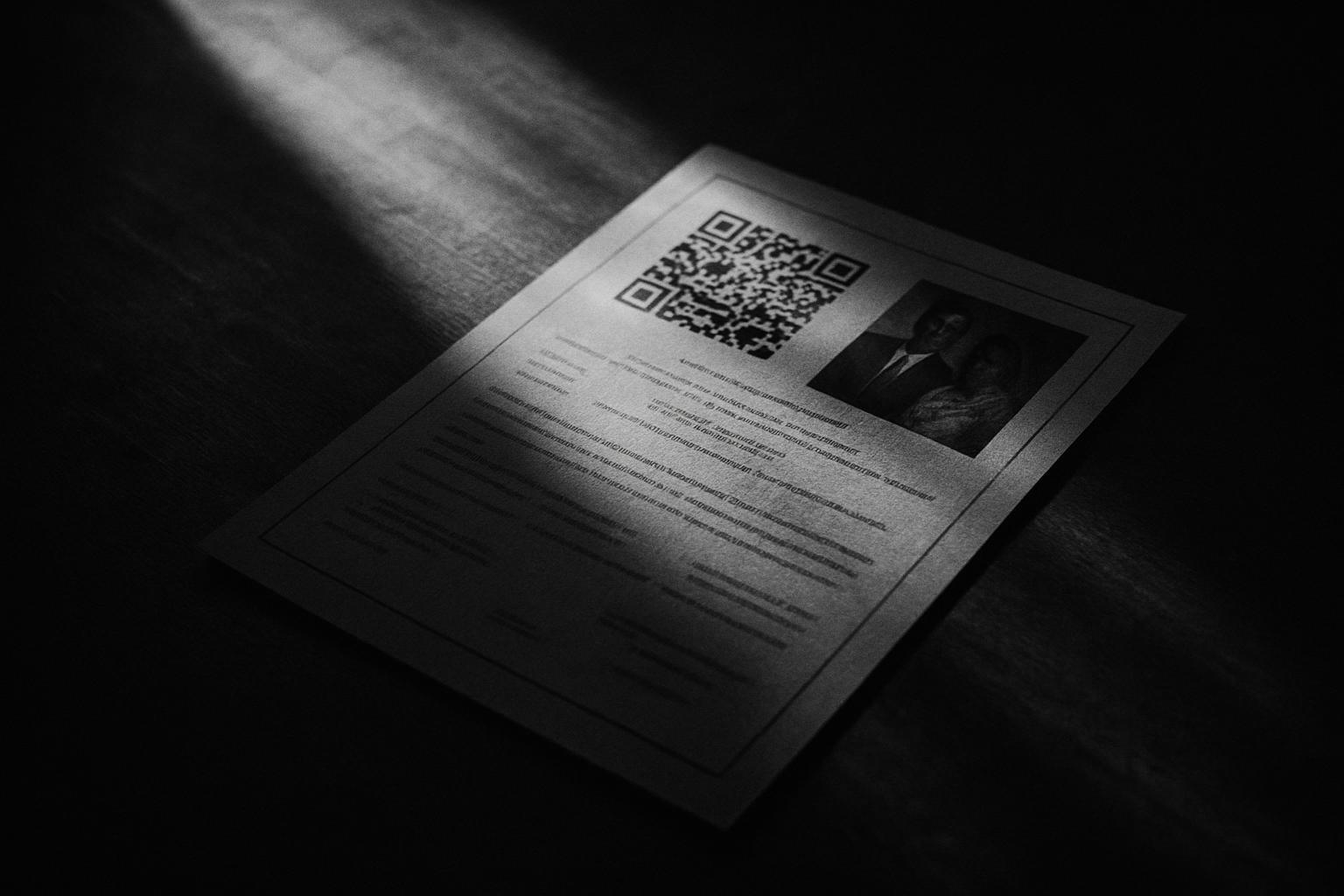Grayscale editorial illustration: એએમસીનું ફોટો-સક્ષમ QR લગ્ન સર્ટિફિકેટ, નાગરિક સેવા-ડિઝાઇનનો જરૂરી અપગ્રેડ