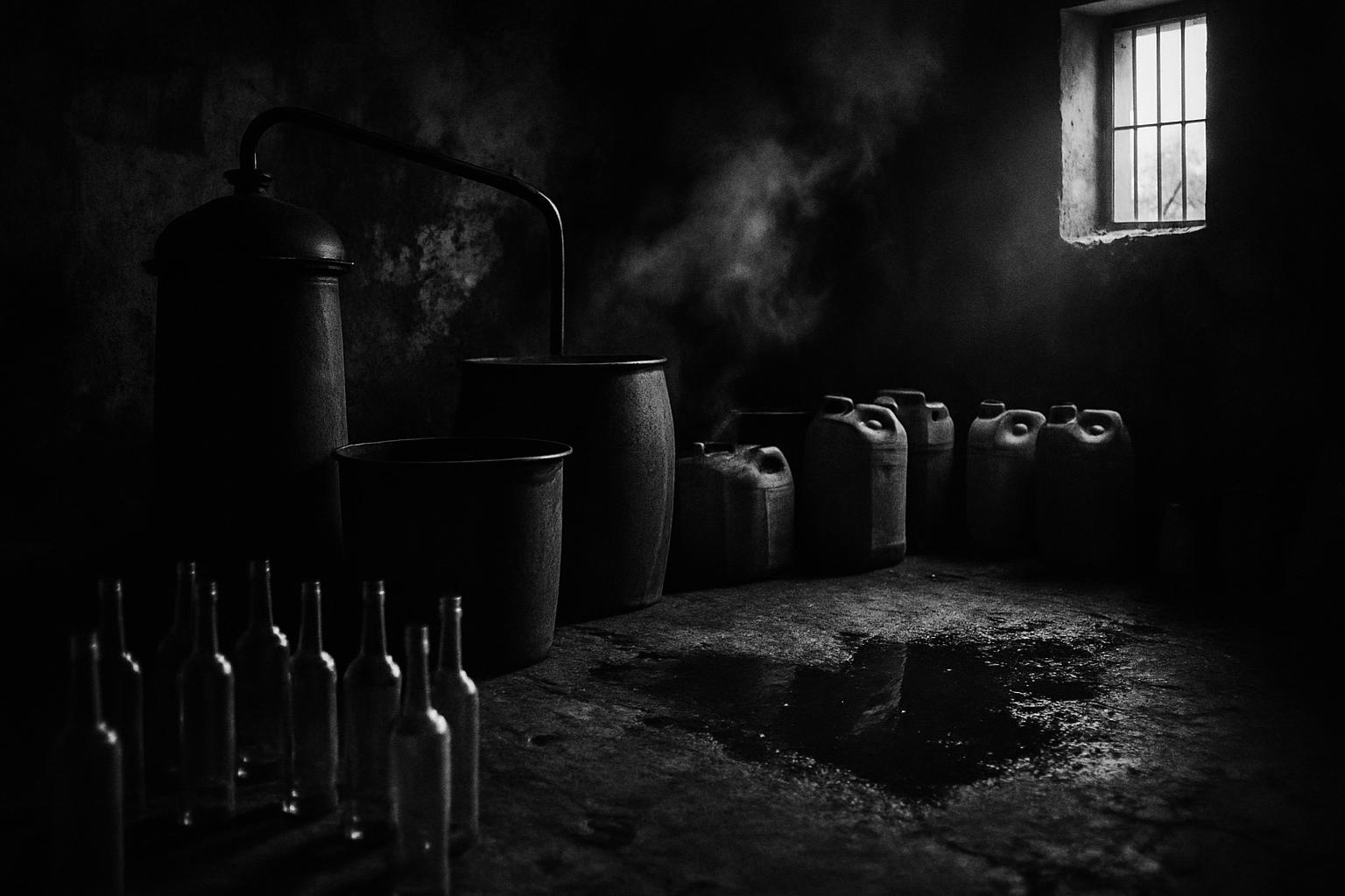 Grayscale editorial illustration: શાહપુરમાં નકલી દારૂ ફેક્ટરી પકડાઈ, આરોગ્ય સુરક્ષા માટે કડક સંકલનની ઘંટડી